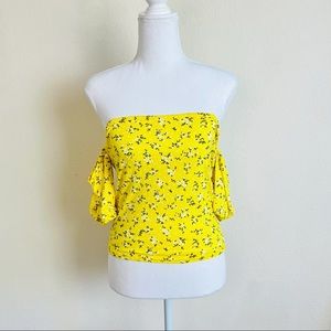 PrettyLittleThing Yellow Ditsy Floral Bardot Off Shoulder Top Shirr Blouse